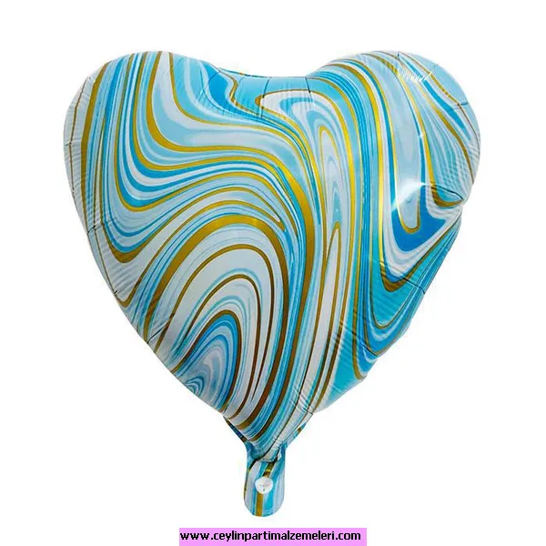 Mermer Desenli Mavi Kalp Folyo Balon